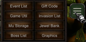 MasterMU three-bar Game System menu with event lists, storage and utilities