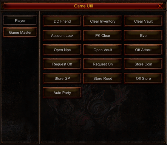 MasterMU Game Util panel with character, vault and Personal Store functions