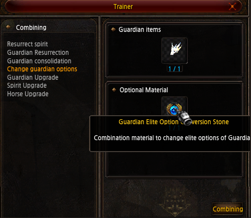 Changing mount Elite resistance options with Guardian Elite Option Conversion Stone