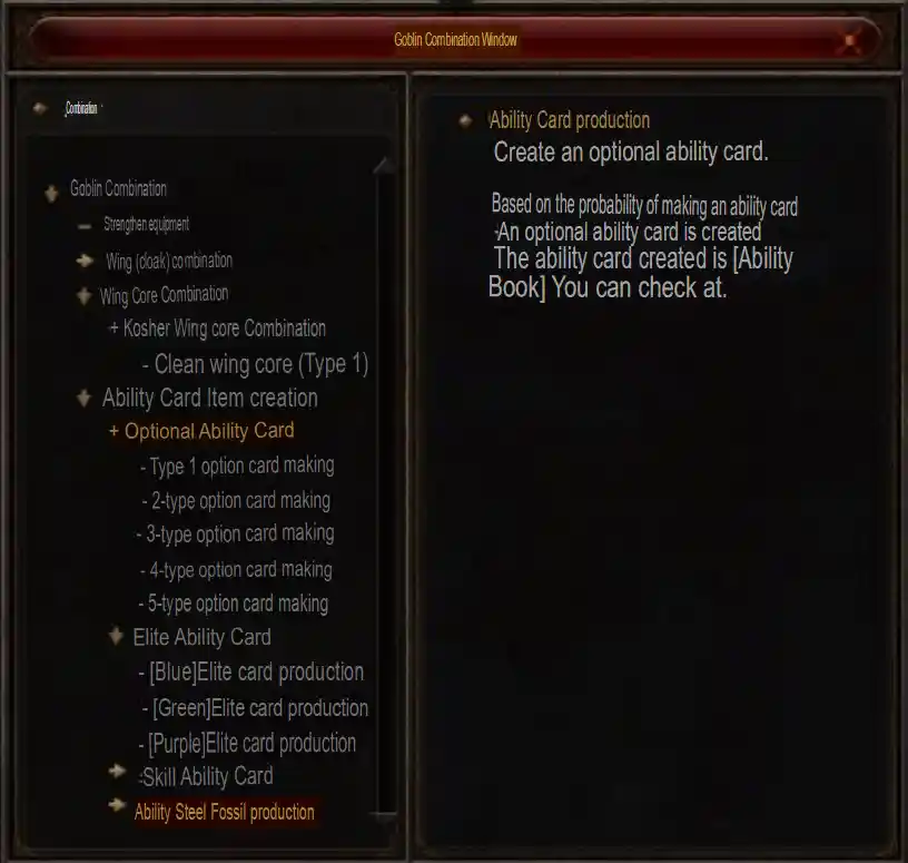 Chaos Goblin combination window with Skill, Option, Elite, and Ability Enhancement Stone production choices