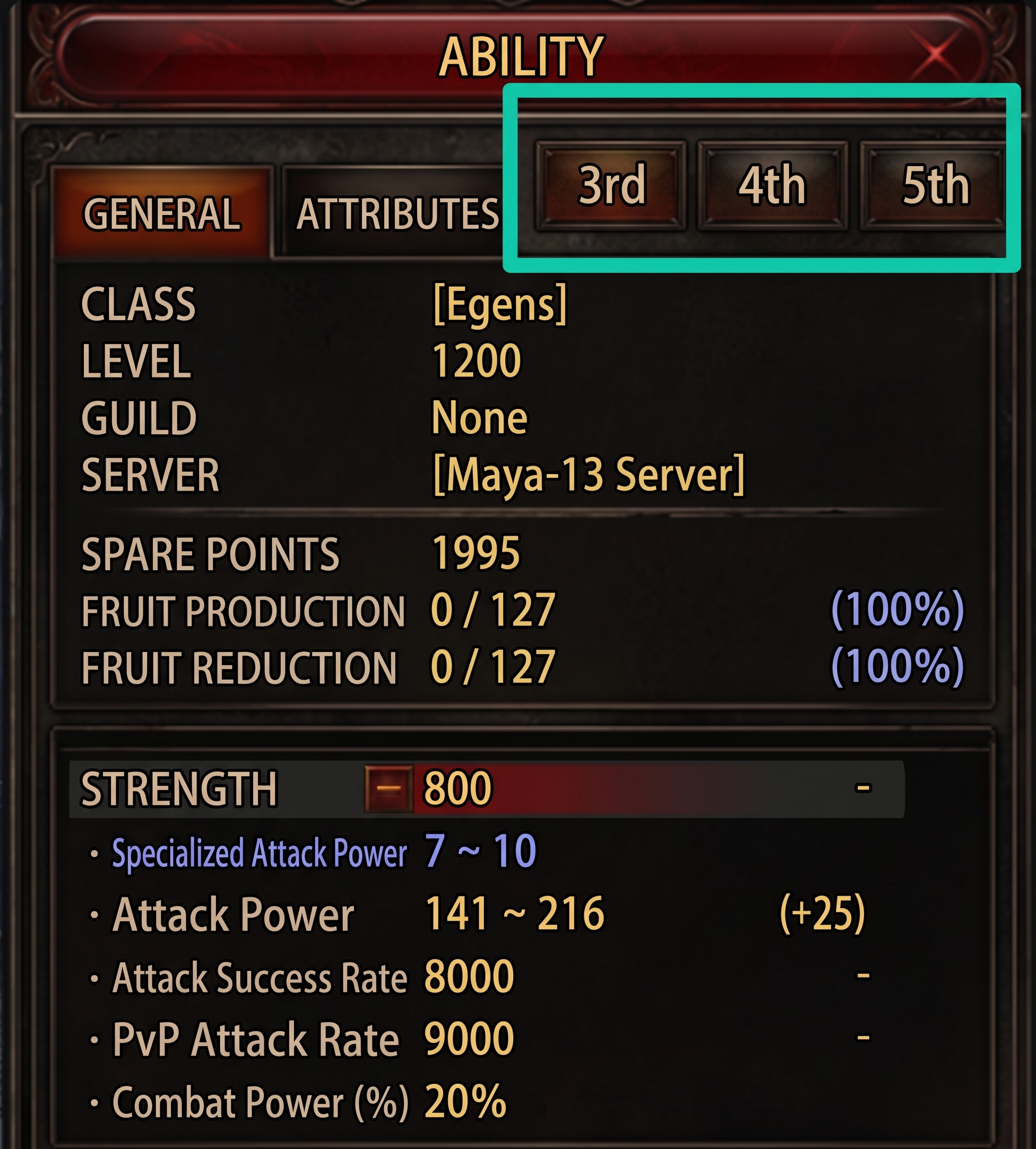 Character information window highlighting the 3rd, 4th, and 5th advancement buttons