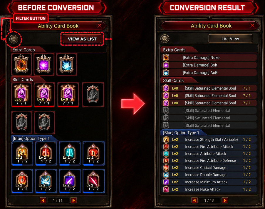 Ability Card Book with its updated filter button and the switch from book view to list view