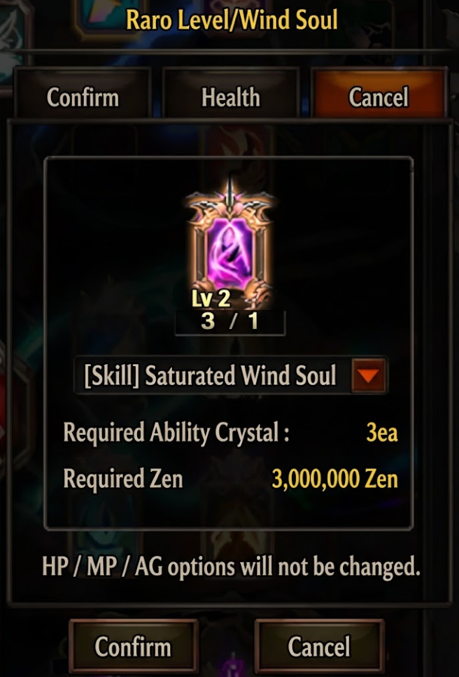 Skill Card conversion interface with the target card, Ability Crystal requirement, and Zen cost