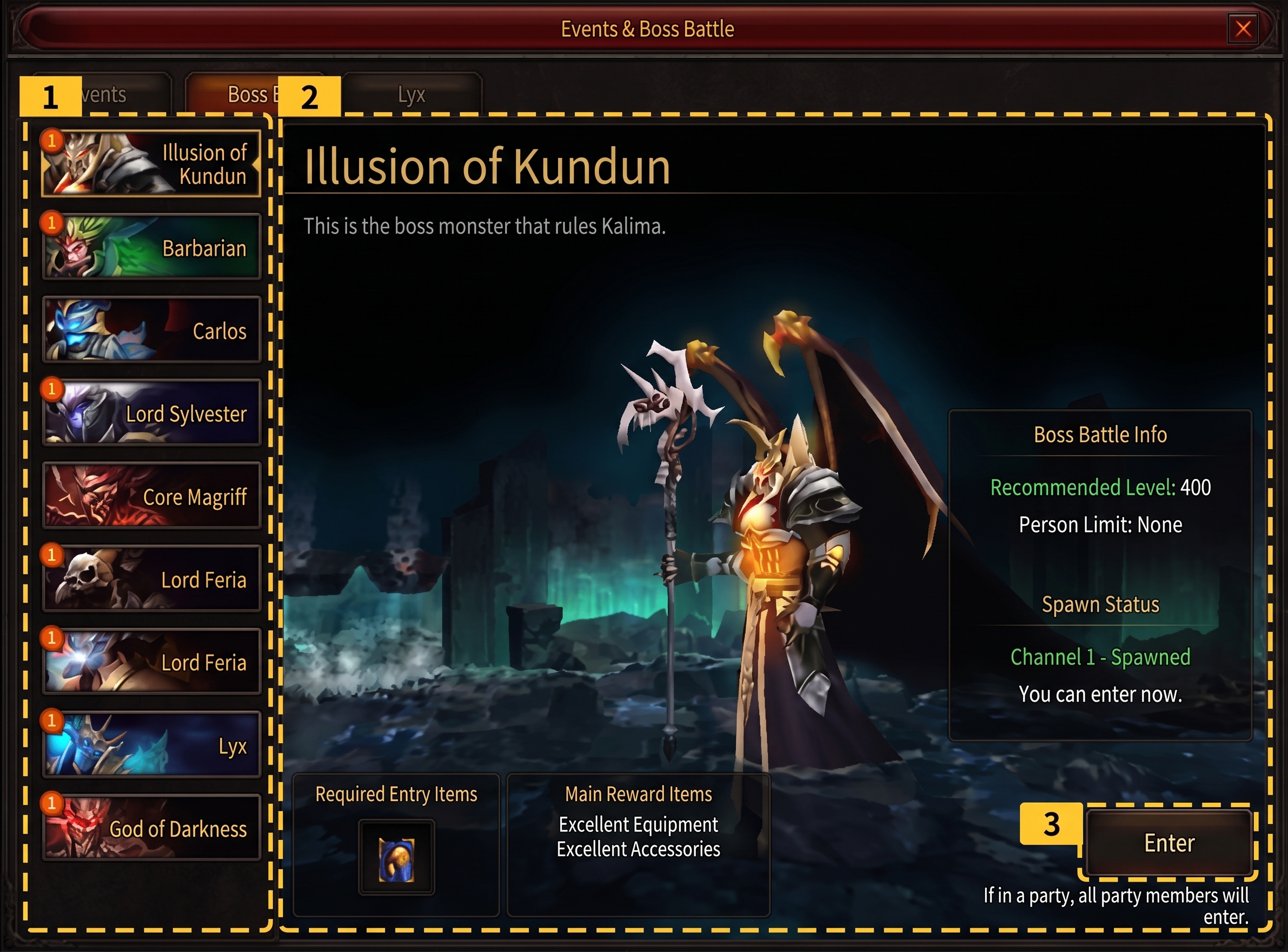 Boss Battle integrated UI showing the content list and information screen with the entry or movement button
