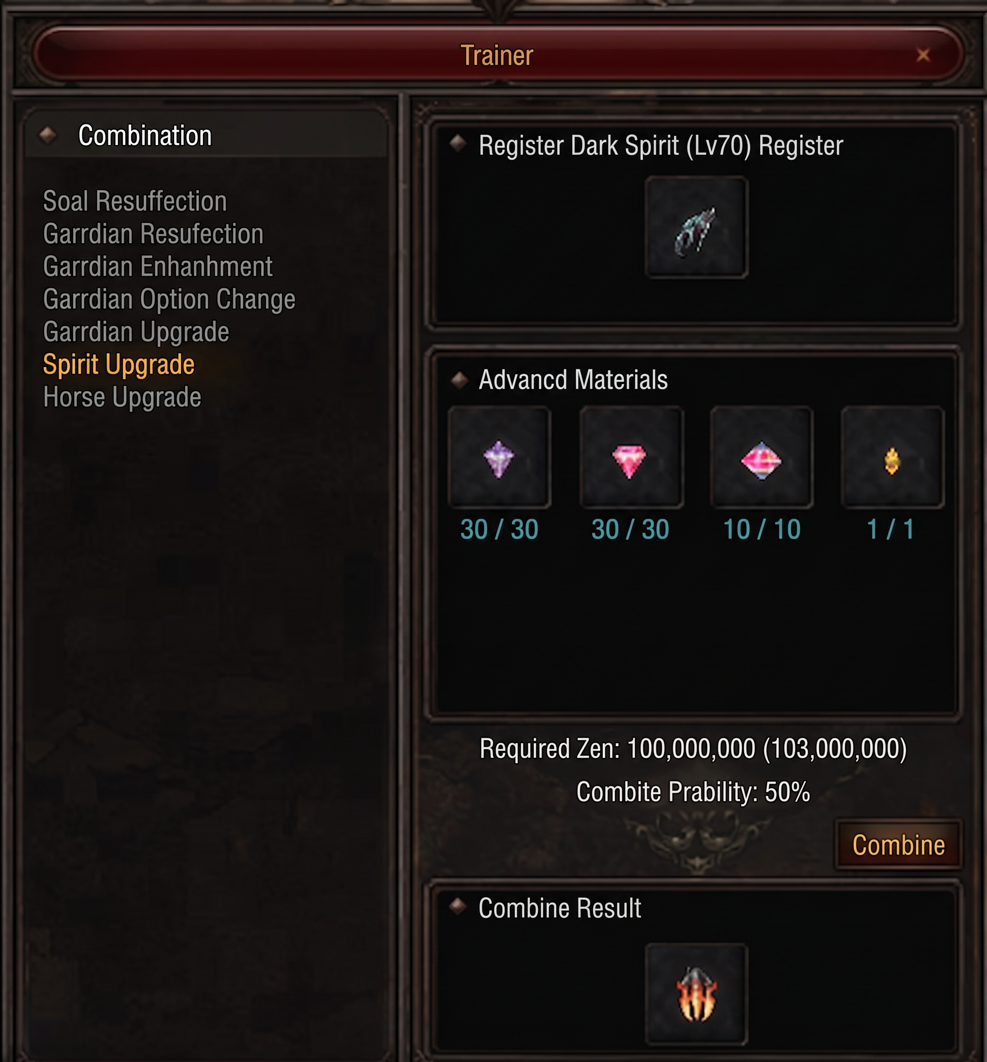 NPC Trainer Divine Spirit upgrade interface