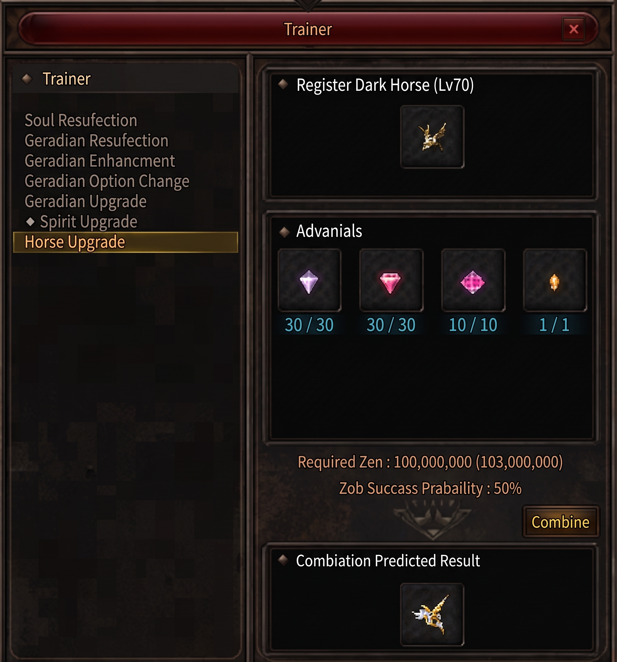 NPC Trainer Divine Horse upgrade interface