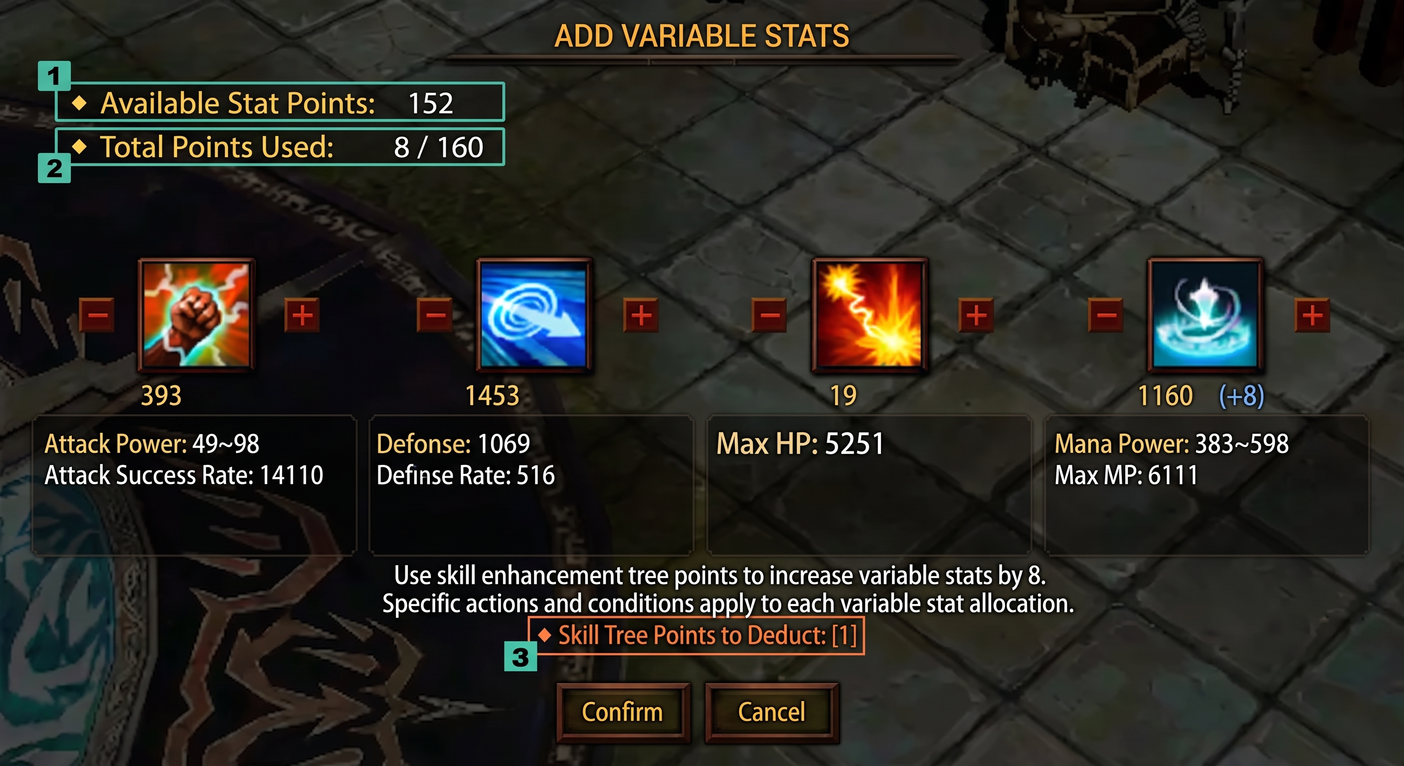 4th Stat enhancement window with available stat points, accumulated usage, and tree point deduction highlighted
