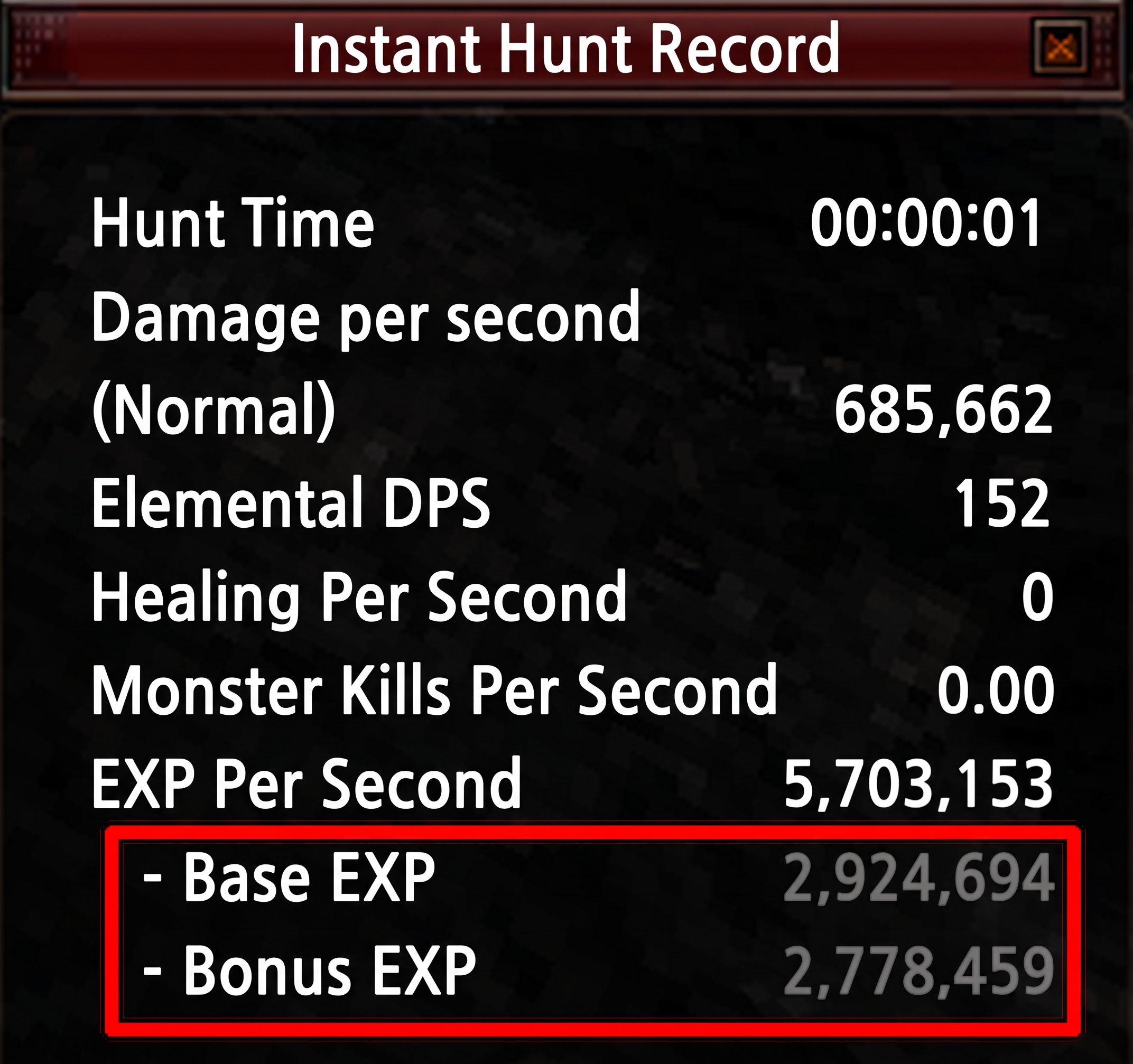 Instant Hunt Log with Base Experience and Bonus Experience shown beneath experience gained per second